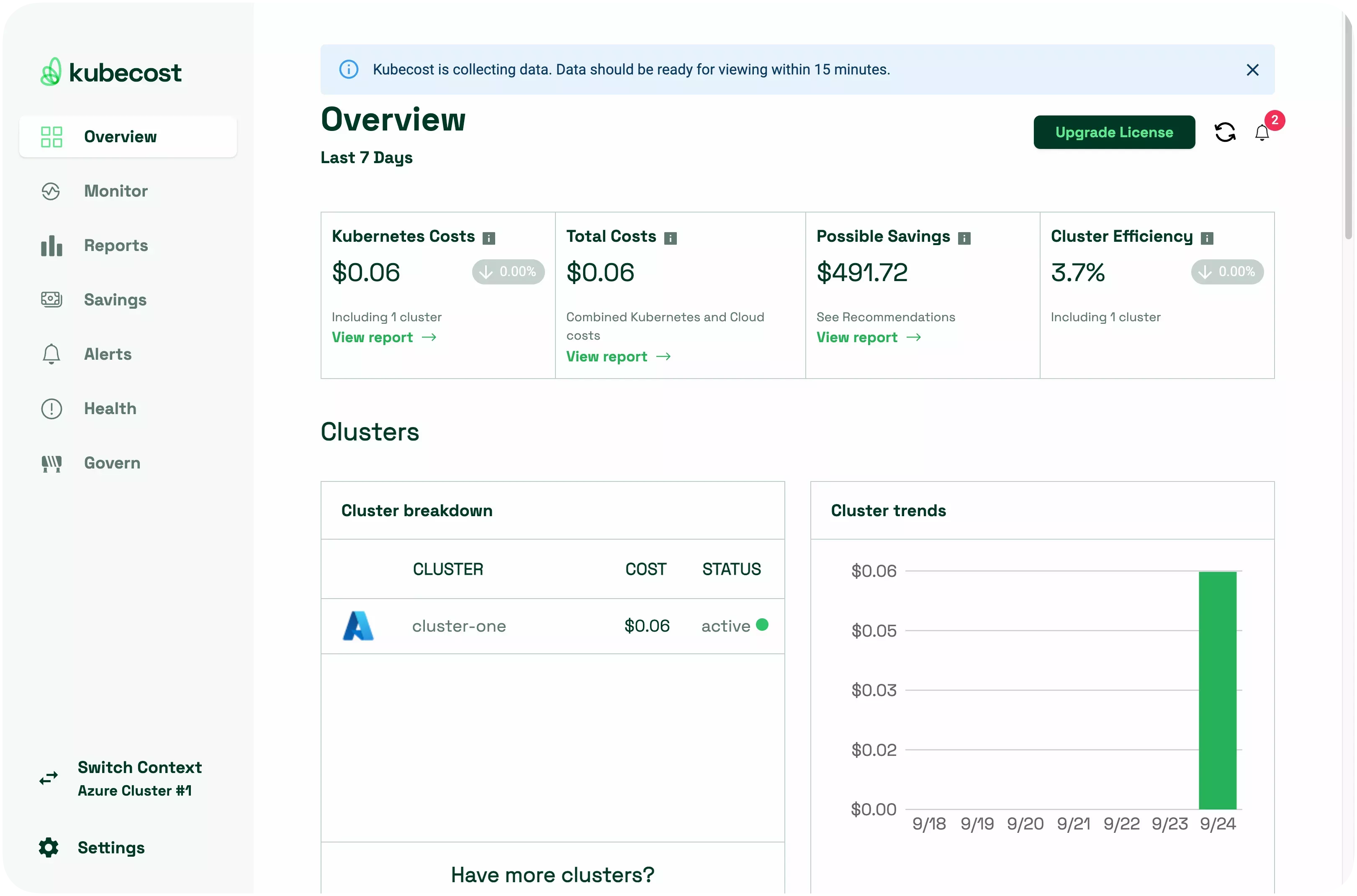 Image that shows the new cluster profile with Kubecost functional.