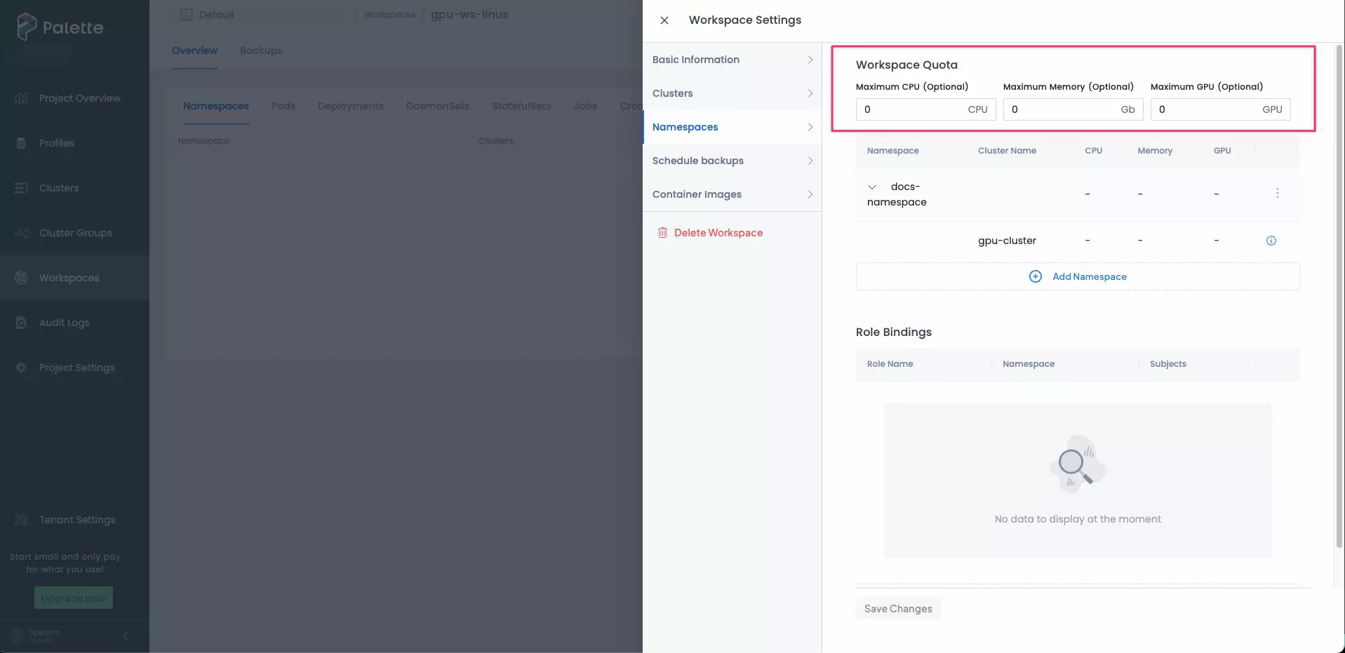 Workspace Settings pane displaying Workspace Quota section of Namespaces tab